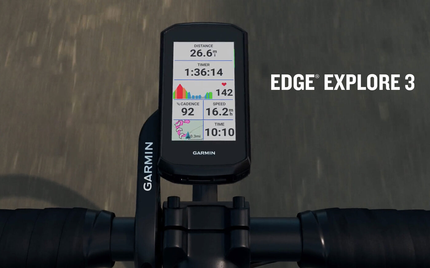 Garmin Edge Explore 3 fixé sur un cintre de vélo de route, en roulant