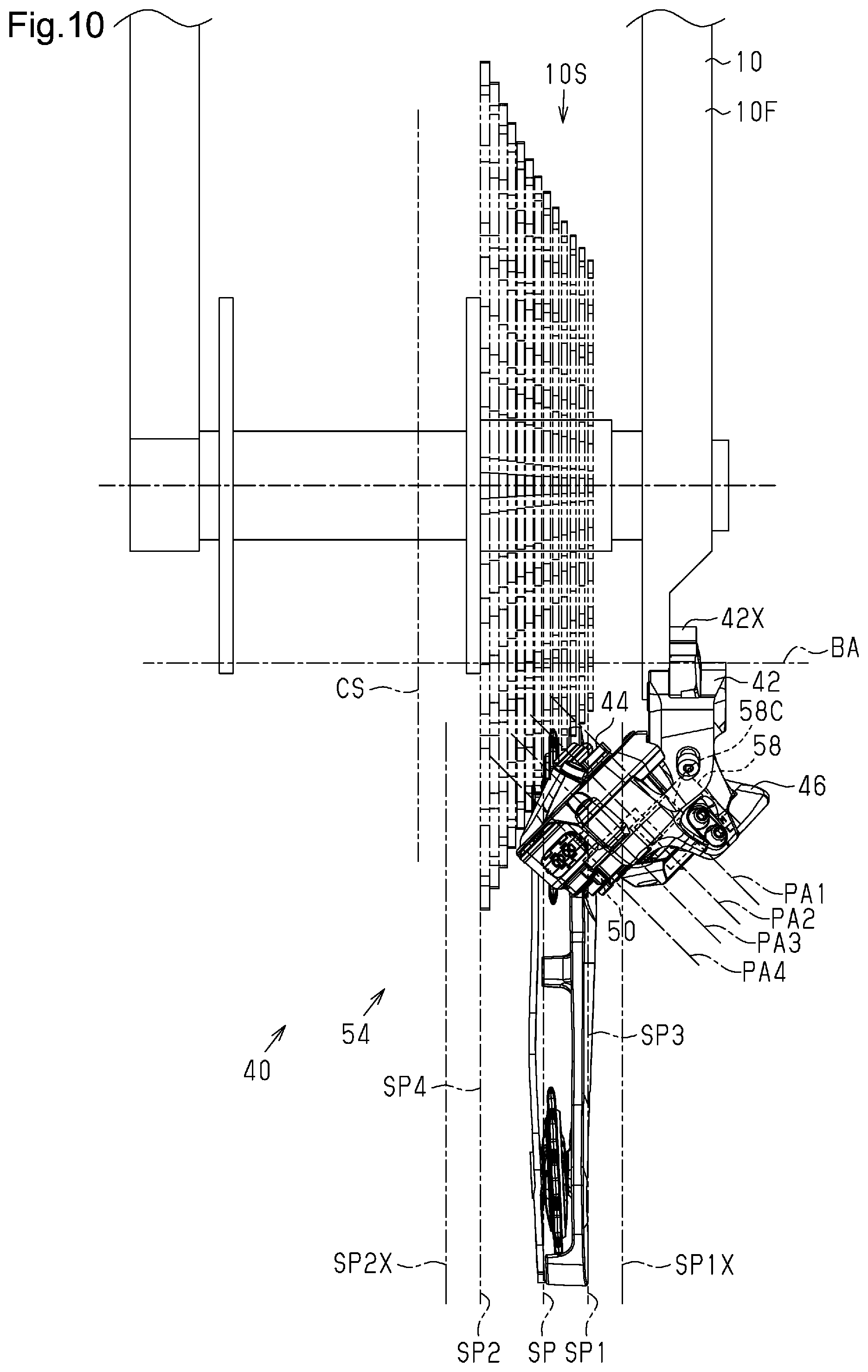 Figure 10 du brevet Shimano montrant un dérailleur et une cassette à treize pignons